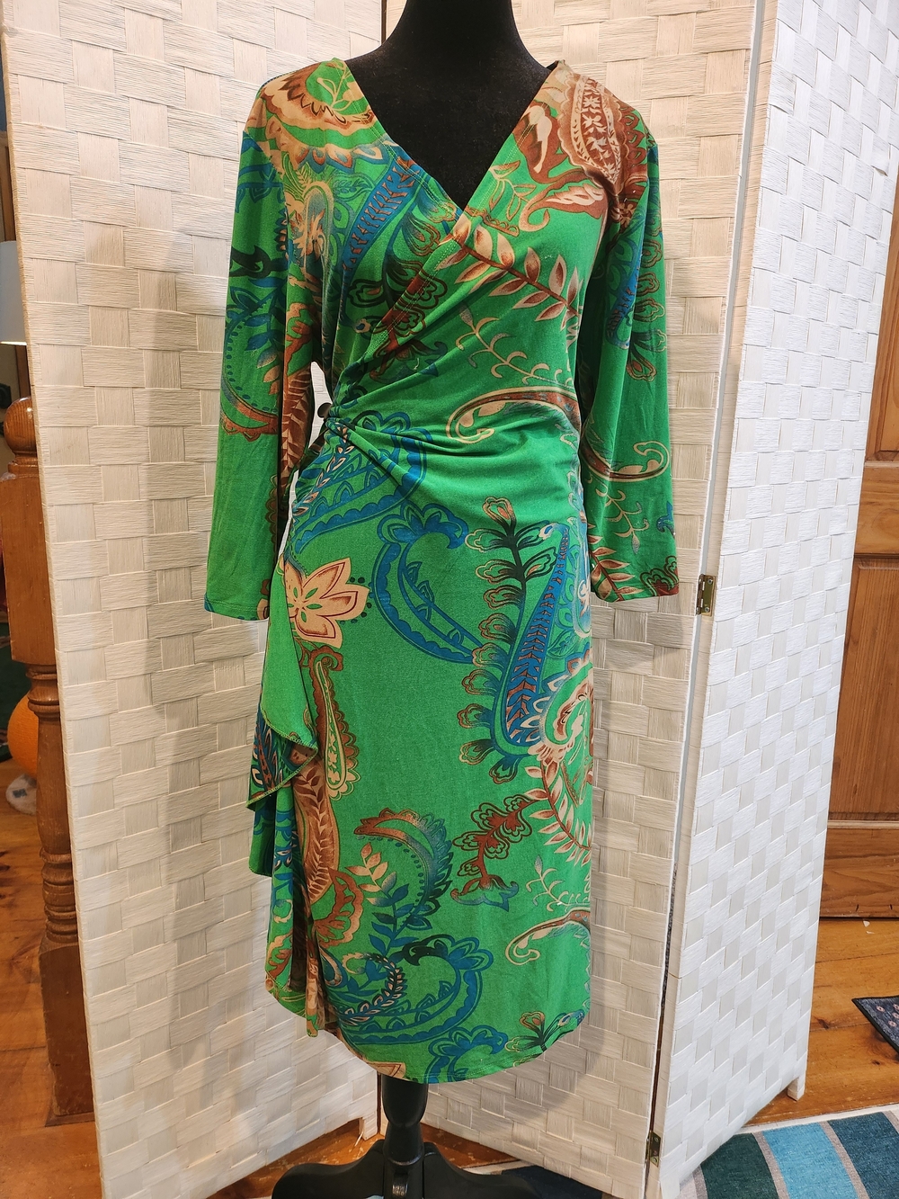 Jon & Anna Green Paisley-Print Wrap Midi Dress with Brown & Blue Accents, Size L